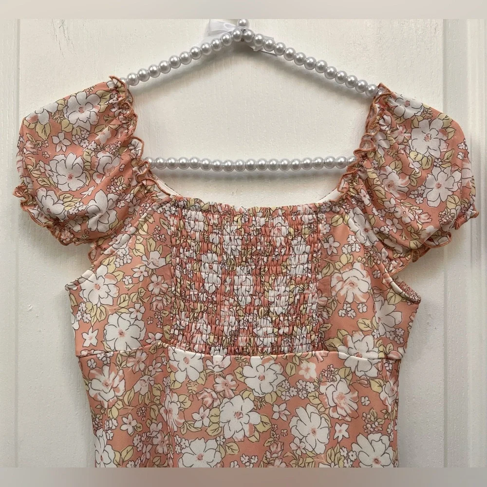 RSQ Floral Puff Sleeve Mini Dress Peach Pink Smocked Back Large